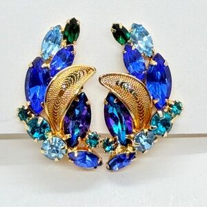 Vintage Large‎ Royal Blue Green Rhinestone Gold Tone Climber Clip On Earrings